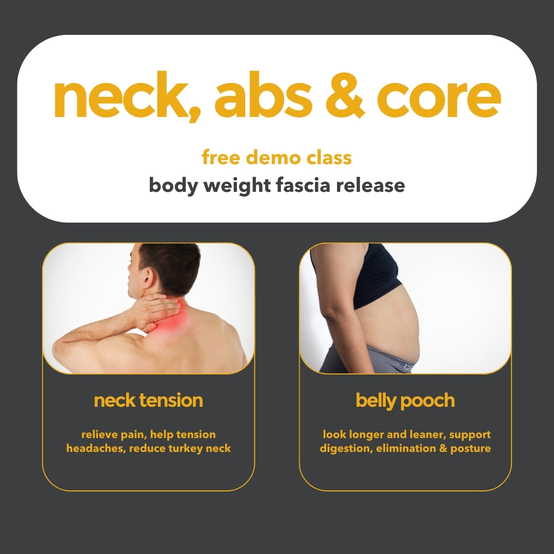Advertisement for a free unwind body works demo session on body weight fascia release targeting neck, abs, and core with images of a person holding their neck and another showing a belly pooch.